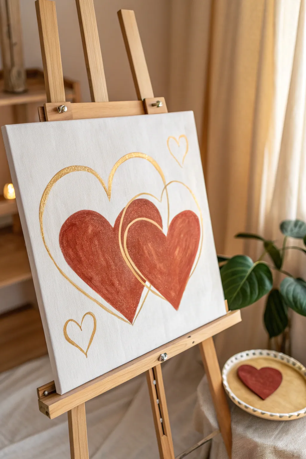 Easy canvas art: two bold overlapping hearts with a delicate gold ring on a neutral backdrop