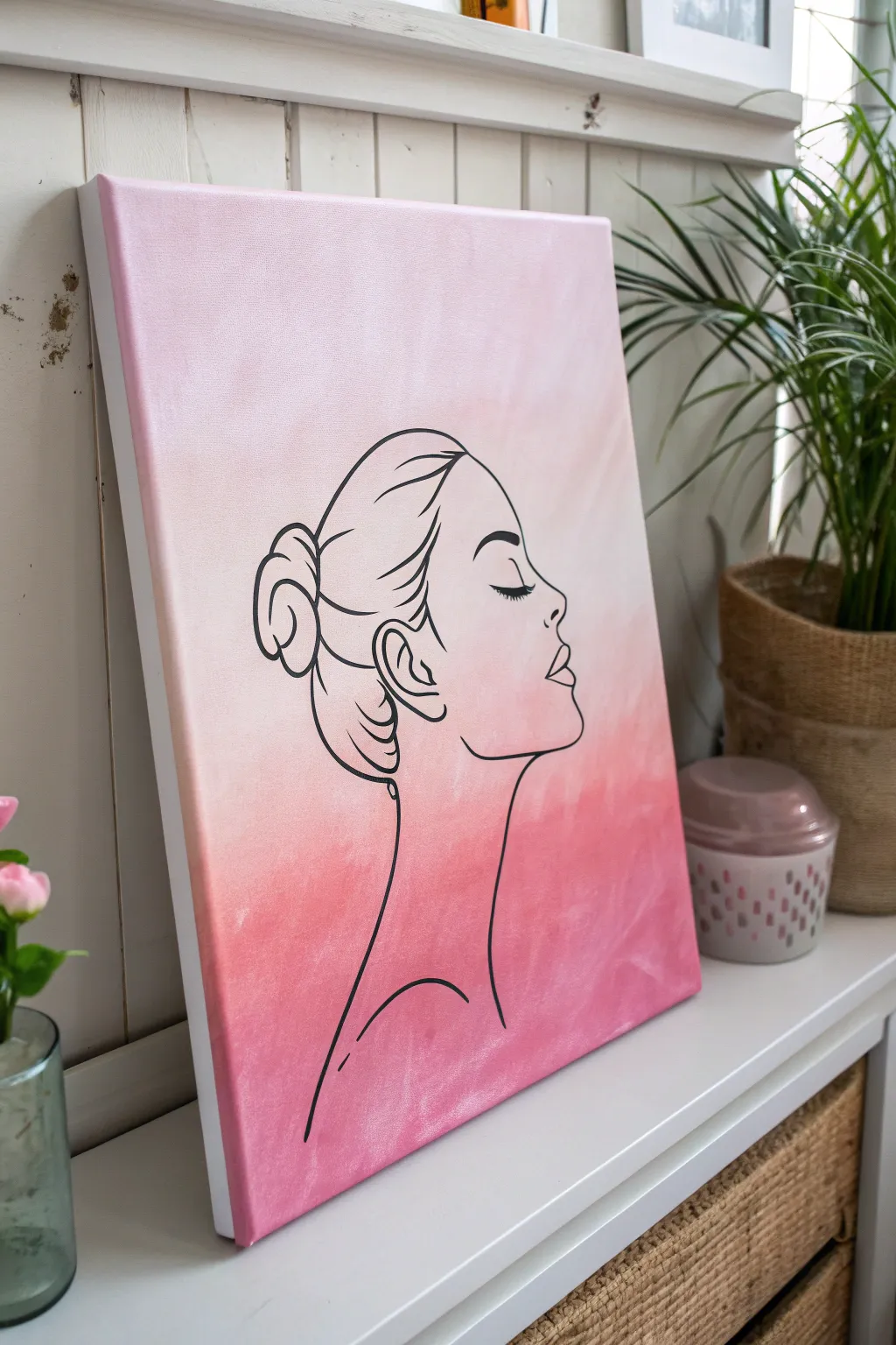 Soft pink ombre canvas with minimal continuous-line face art for an easy modern DIY