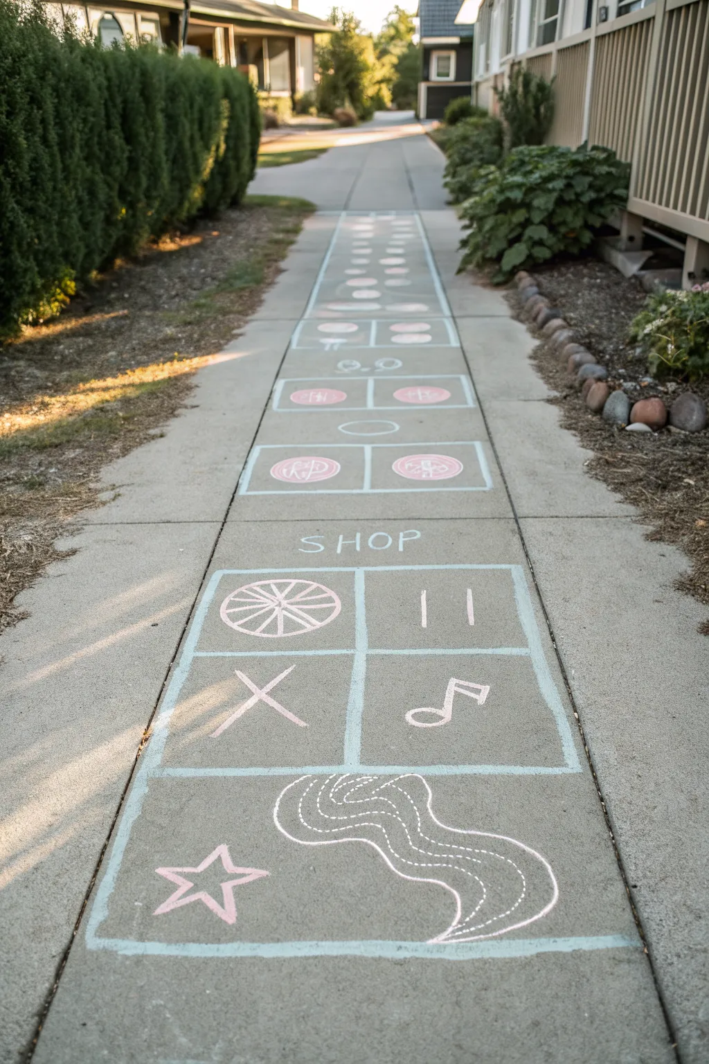 Soft pastel chalk obstacle course with arrows, zigzags, and cute icons for easy kid play
