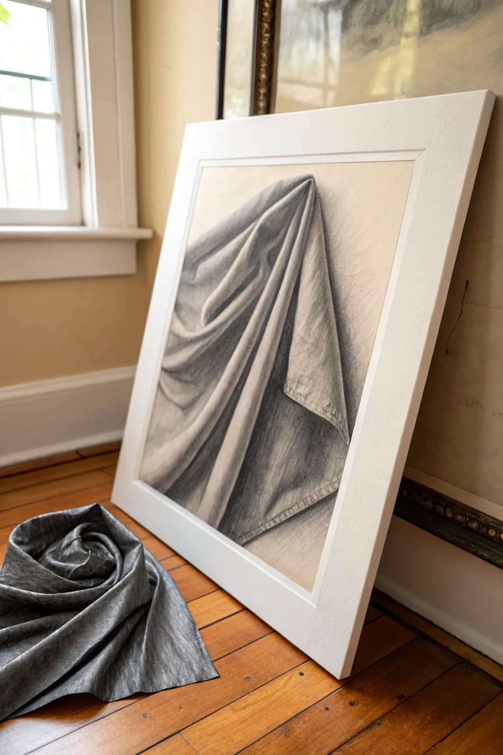 Charcoal drapery practice: bold towel folds with smooth blending and deep, satisfying shadows.