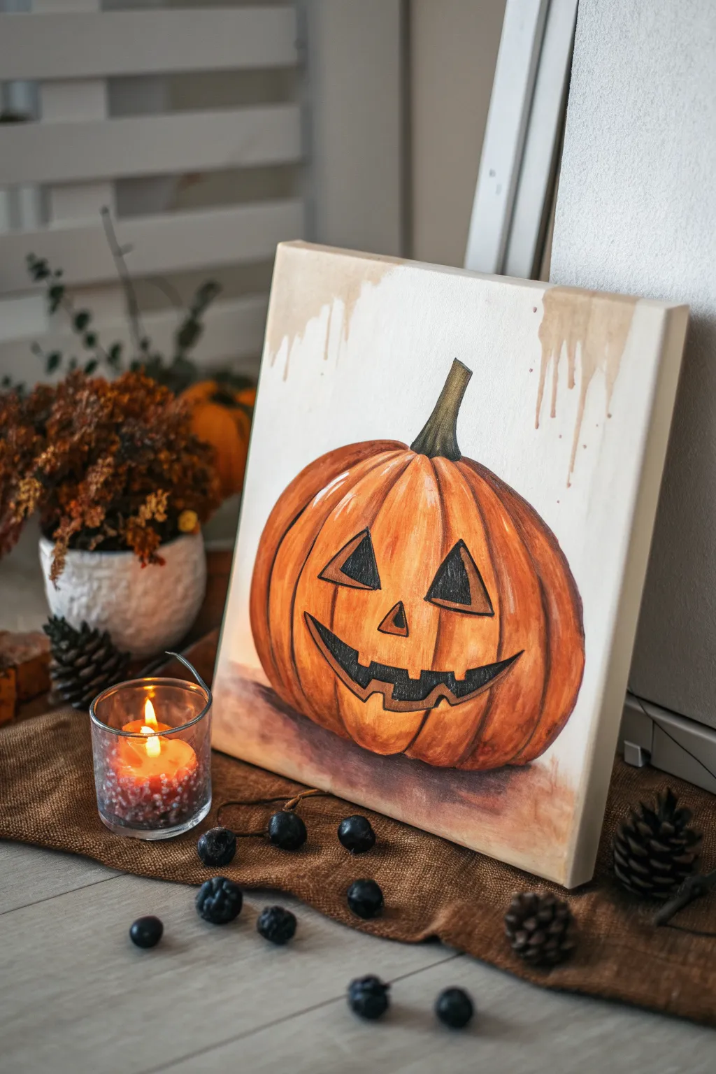 Simple spooky pumpkin: an acrylic painting idea with a jagged grin and warm inner glow