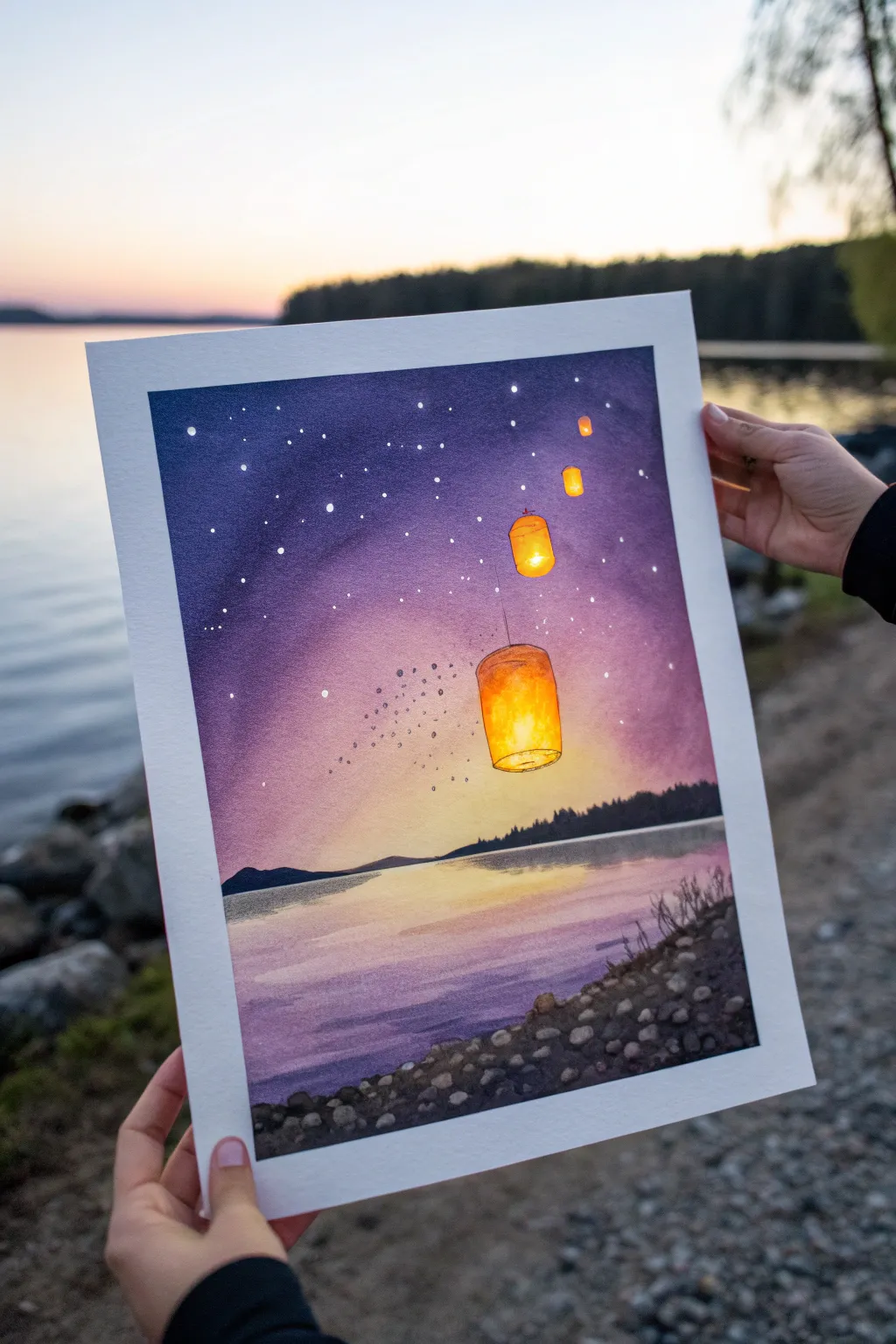 Paint a dreamy lantern sky with soft twilight blending and tiny glowing dots for Disney-inspired charm.