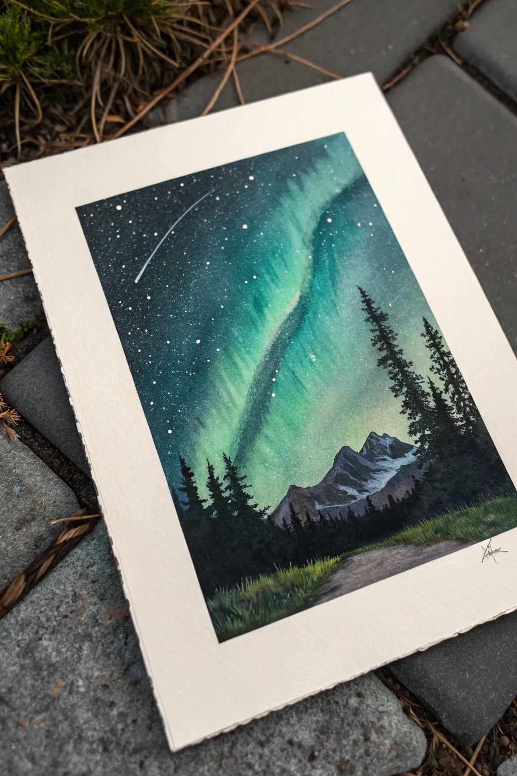 Minimal aurora ribbons on a deep night sky, an easy dark painting idea to recreate.