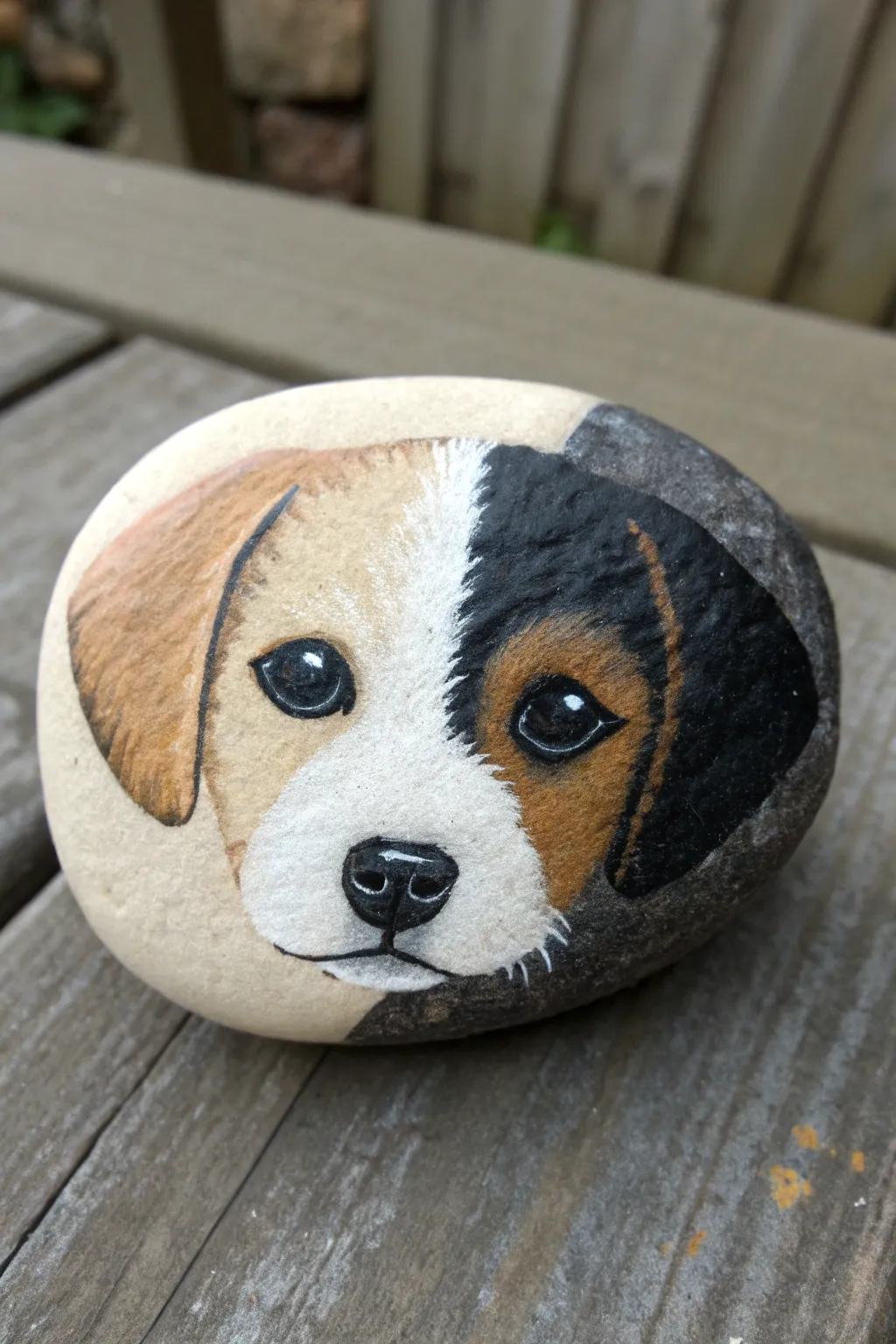 Minimal two-tone split-face puppy rock painting in cozy Scandinavian boho style, high contrast.
