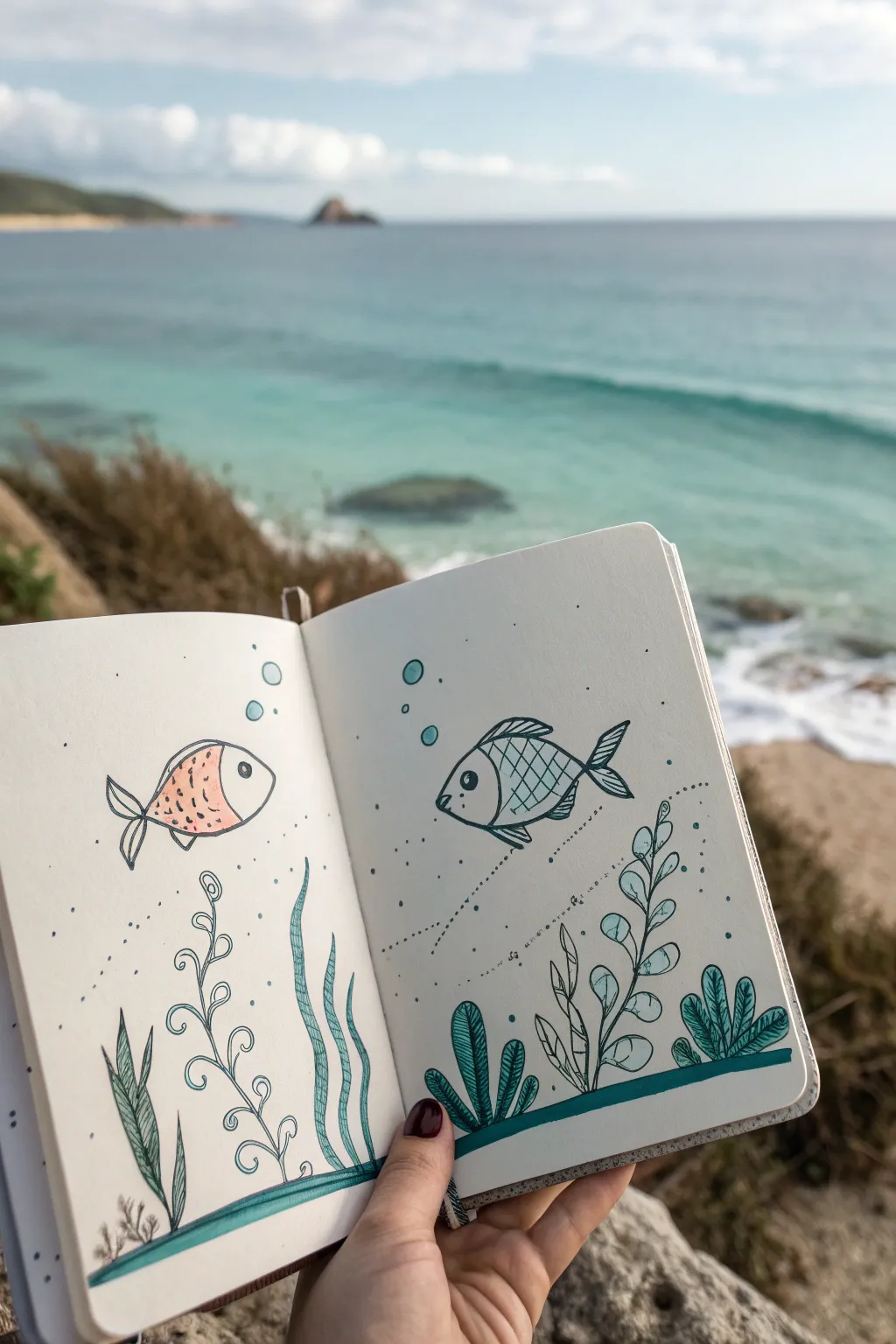 Easy underwater drawing page: two simple fish, seaweed lines, and bubbly circles in calm blues