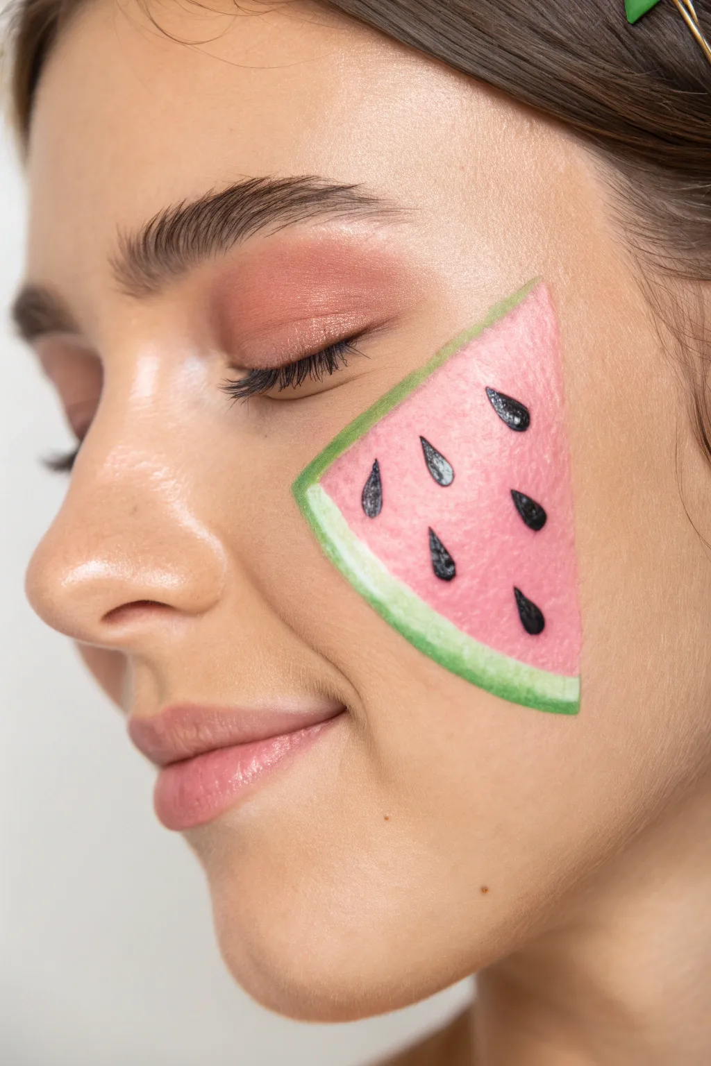 Simple watermelon wedge cheek paint in crisp pink and green, perfect summer face art.