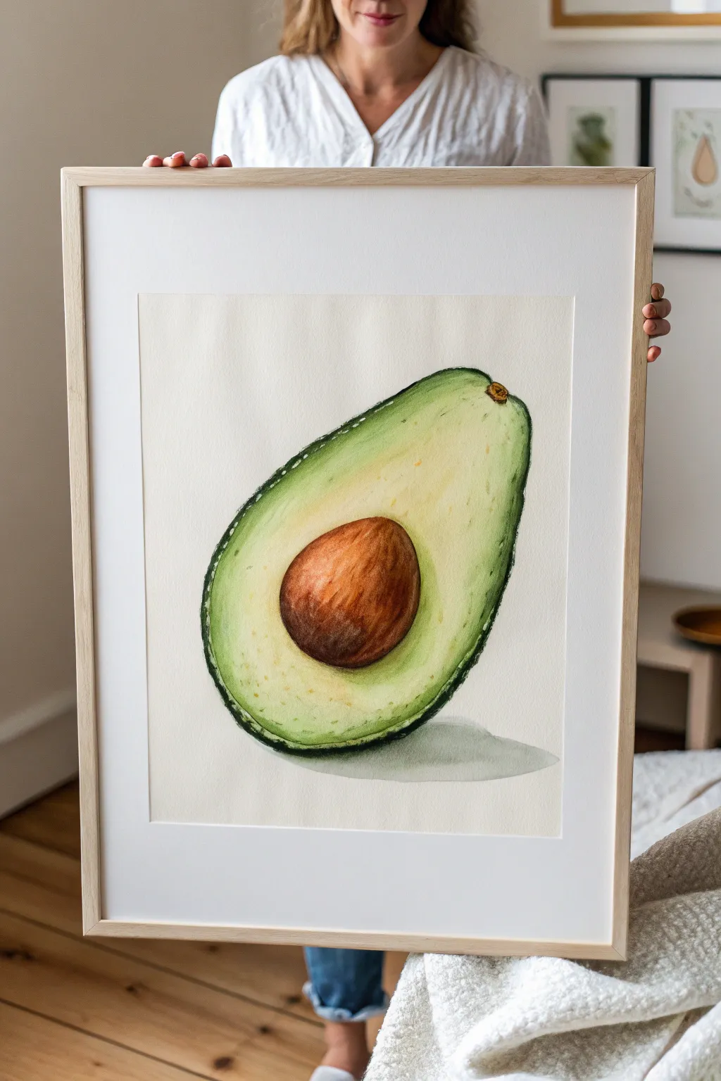 Minimal avocado half study: smooth green gradient, bold outline, and a rich brown pit