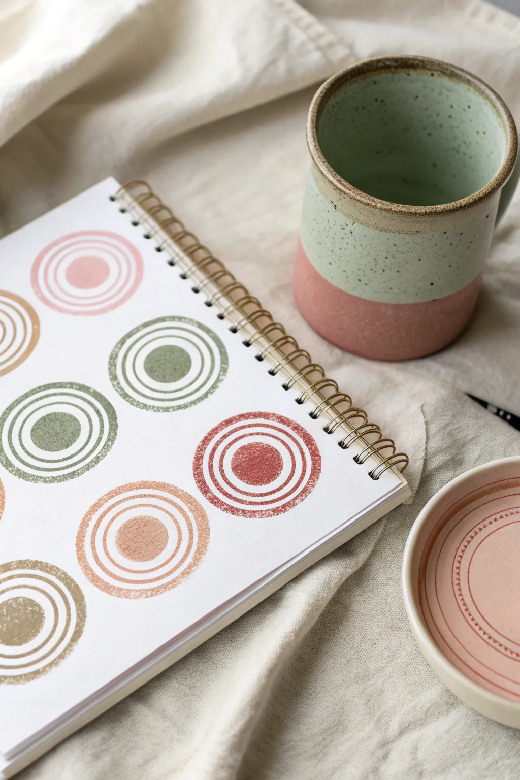 Playful circle stamping with a cup rim, layered in soft Scandinavian boho colors for easy fun art.