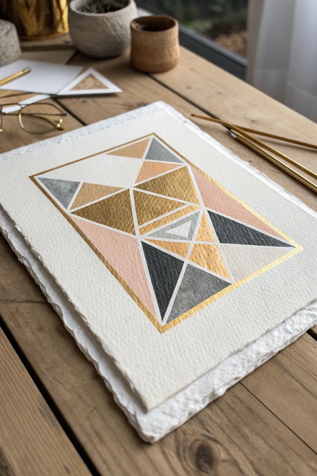 Matte triangles with subtle metallic accents for an easy, elevated geometric painting idea