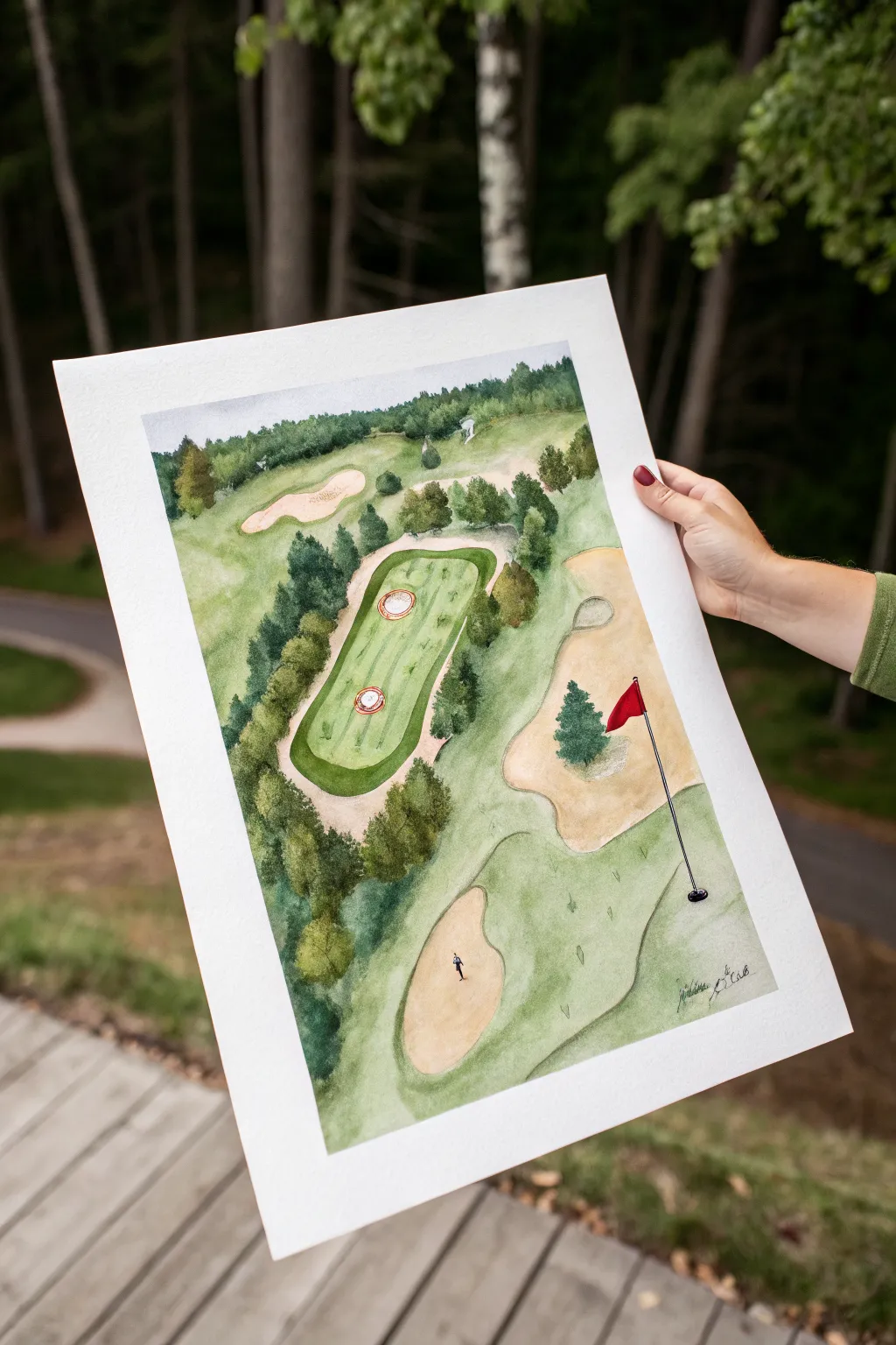 Abstract color-block golf course map in soft boho tones, clean lines, beginner-friendly paint idea.