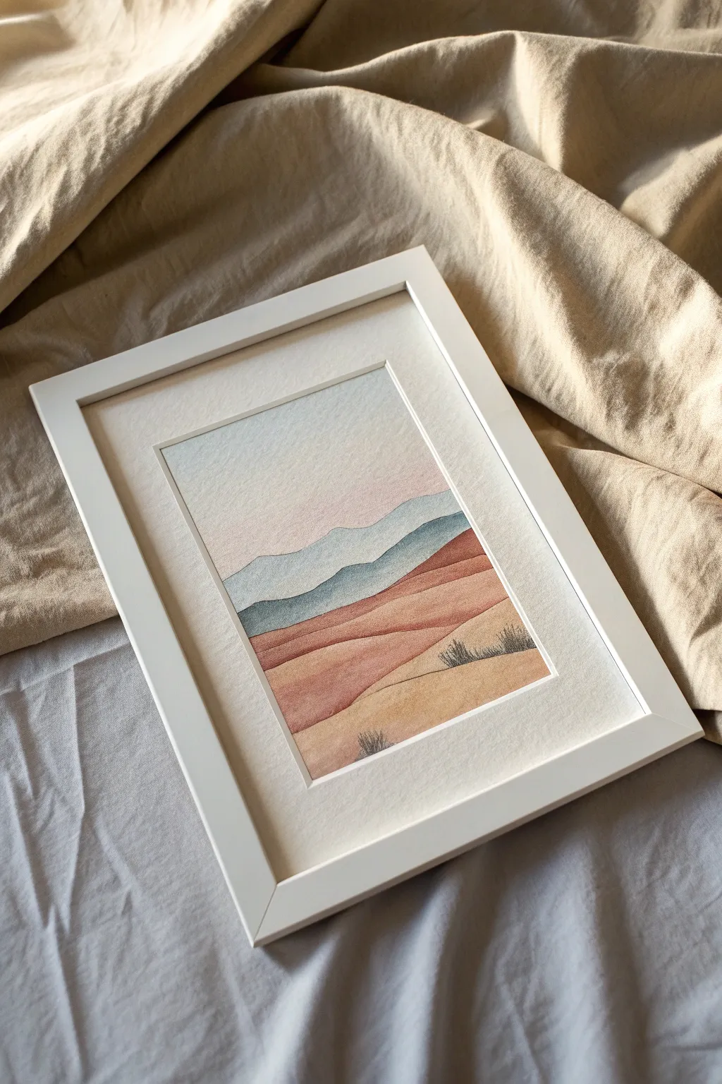Minimal arched gouache scene with a soft sky gradient and crisp layers, easy and calming to paint.