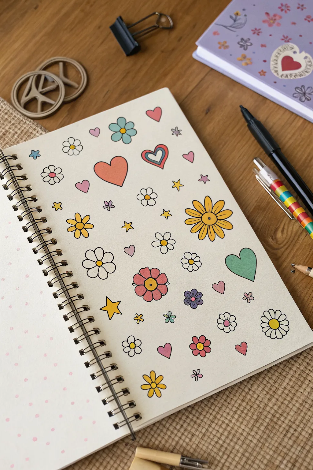 Hearts, stars, sparkles, and peace-sign doodles arranged like a bright, easy sticker sheet
