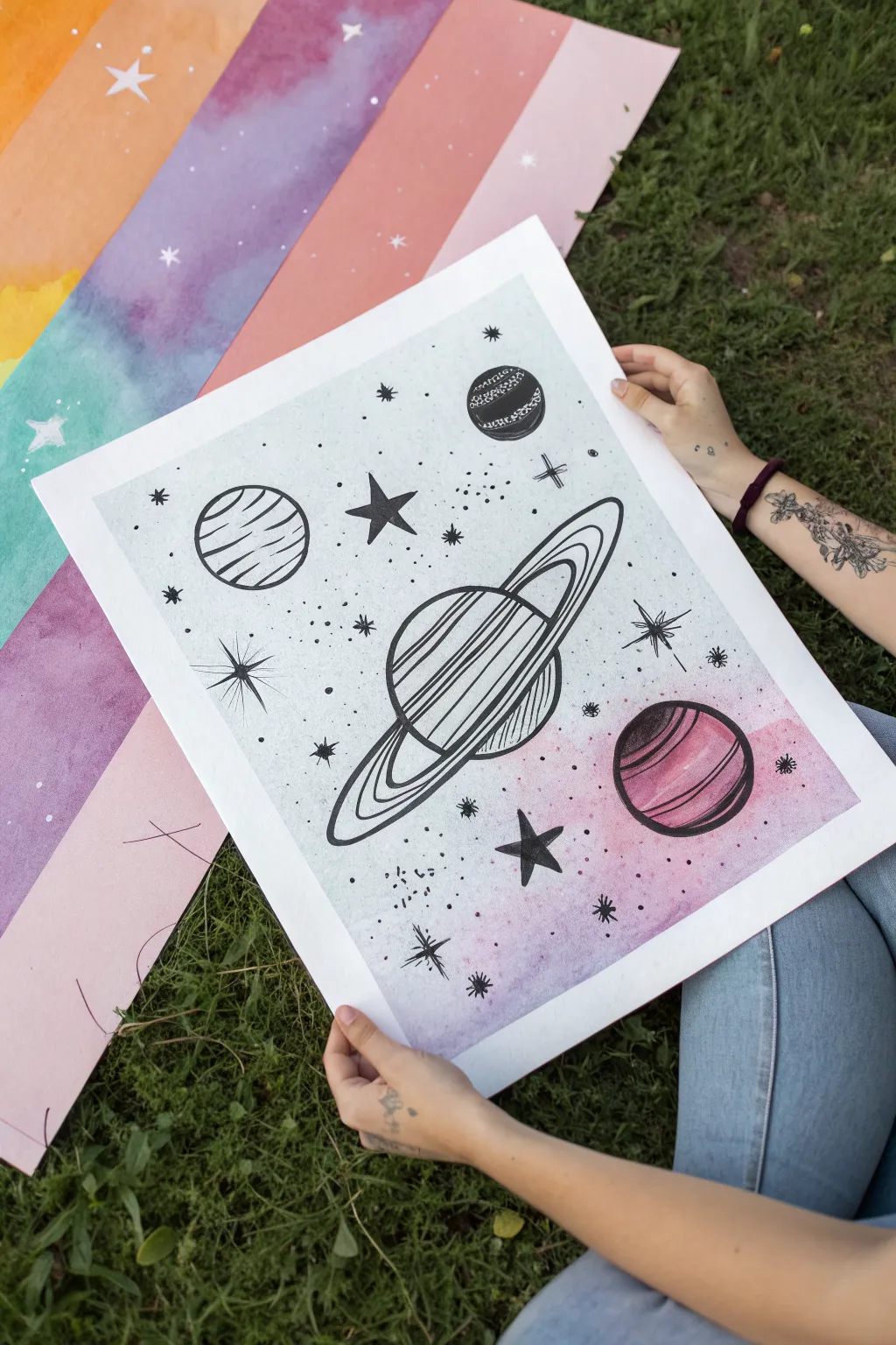 Paint an easy cosmic sky with bold planets, black outlines, and soft boho color blocks.