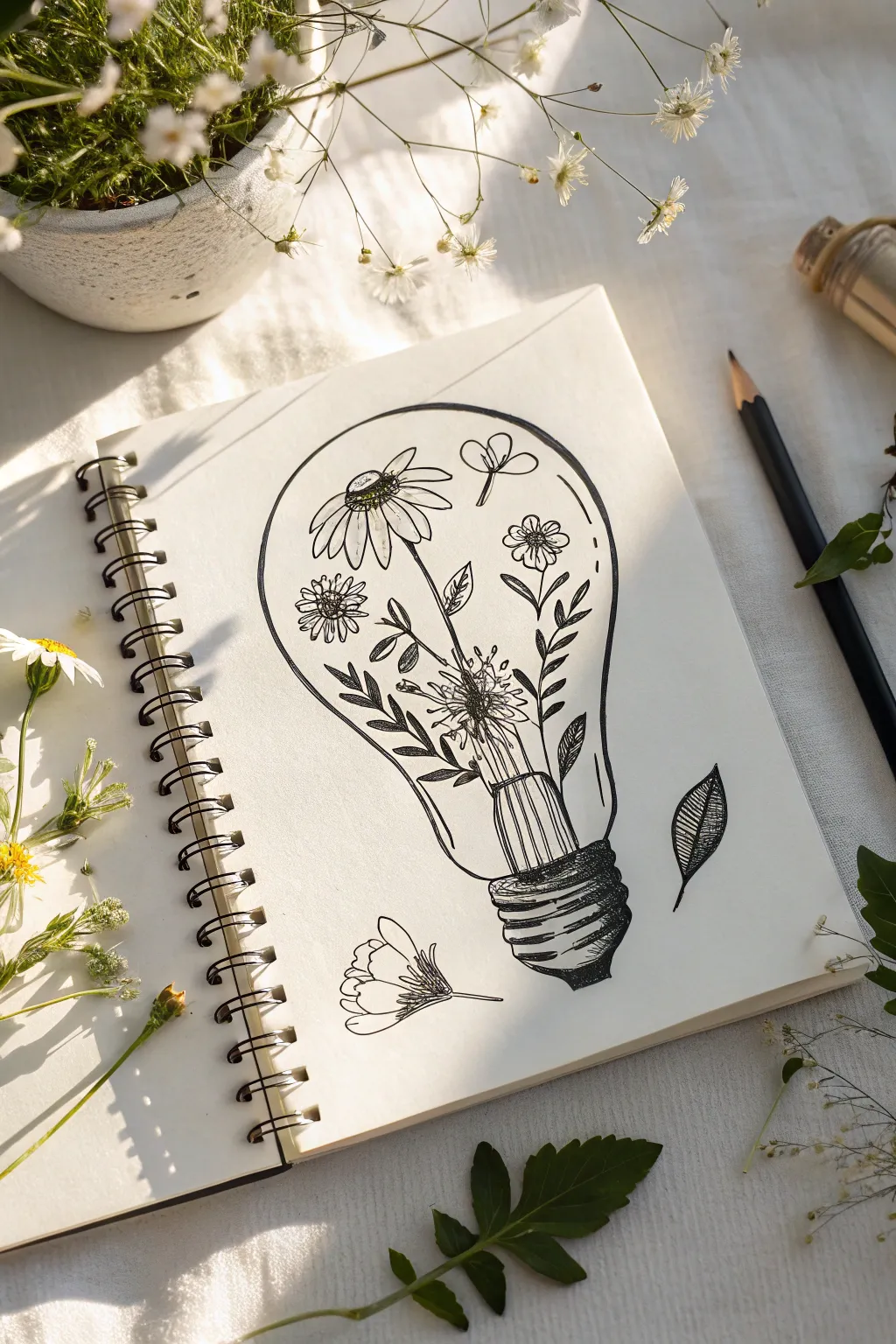 Minimal black-ink light bulb filled with wildflowers, a simple hipster sketch to try today
