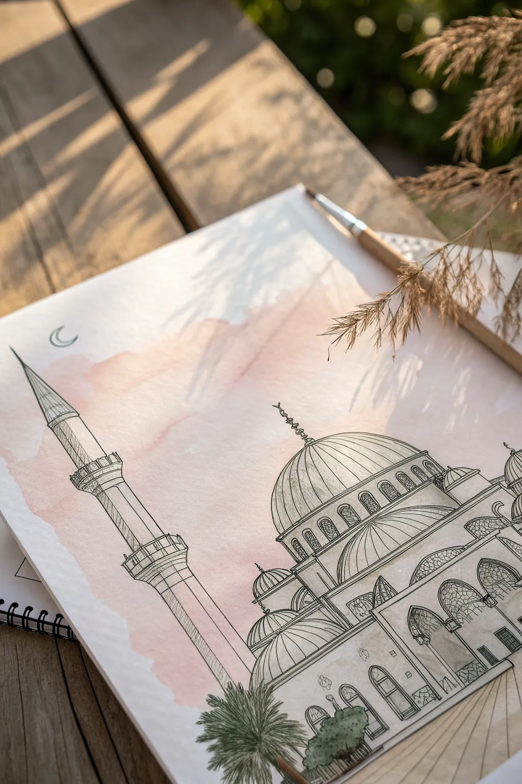 Minimal dome and minaret line art with soft watercolor fills for a calm Scandinavian boho vibe