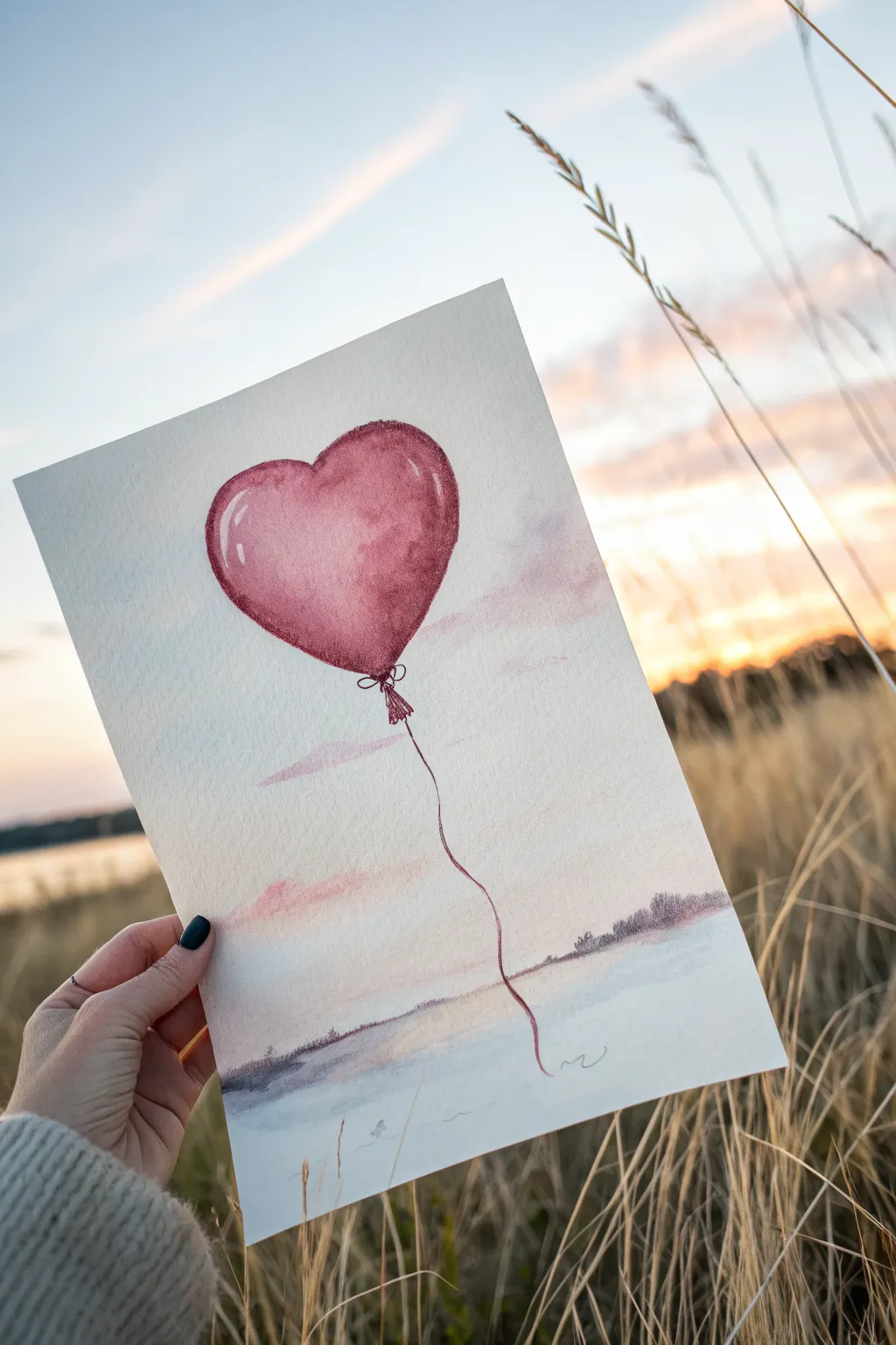 Paint a single heart balloon drifting into a soft sky gradient, simple, sweet, and personal.