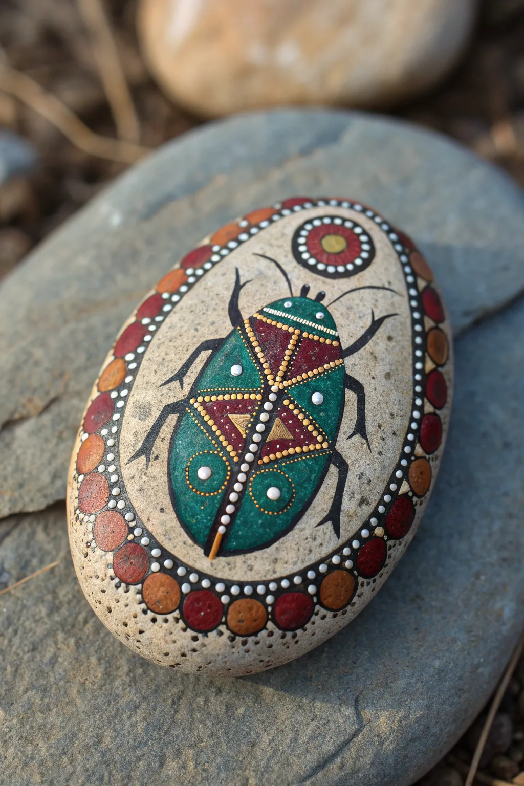 Mandala beetle rock with mirrored dot wings, rich colors, and clean minimal boho styling