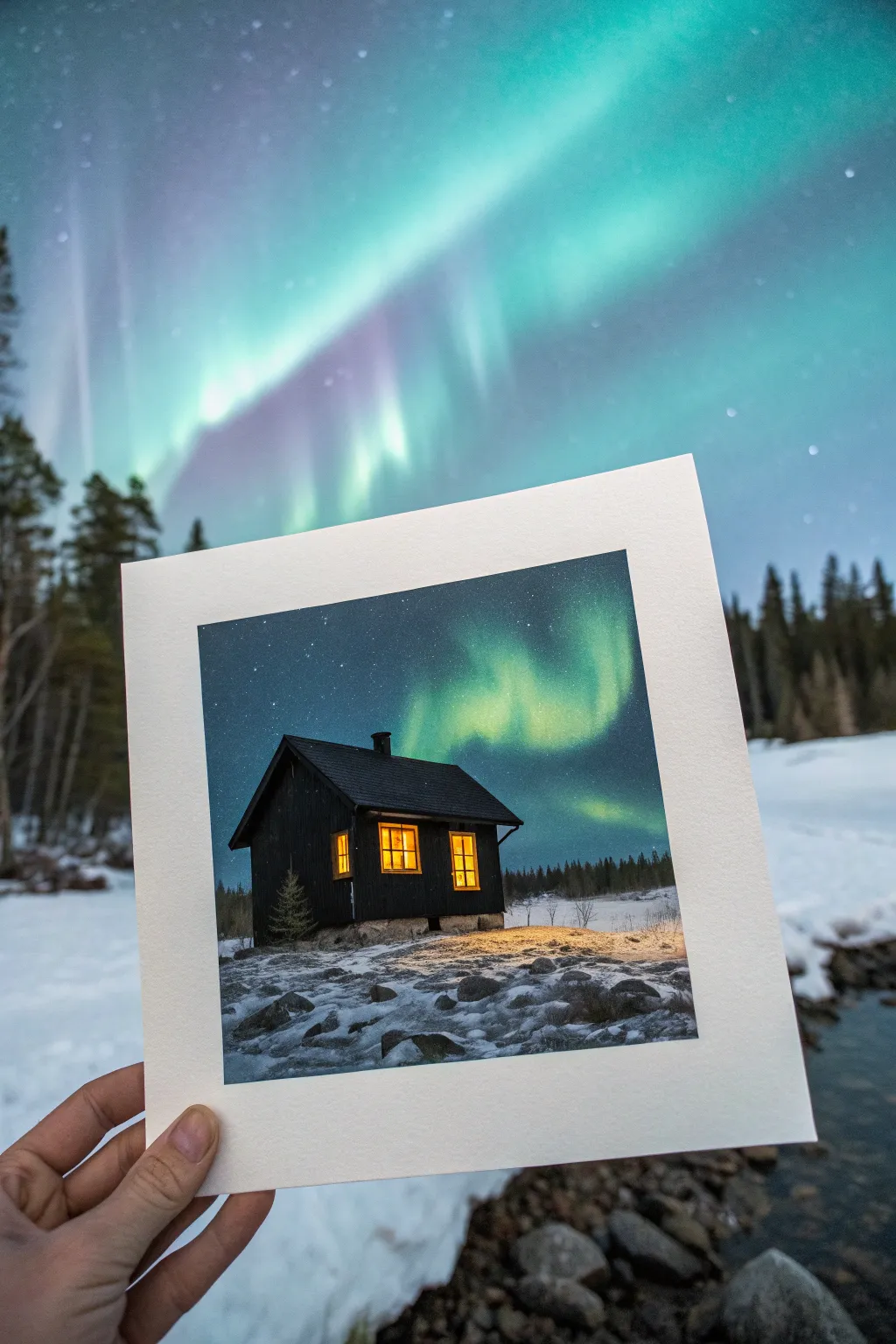 Minimal cabin silhouette beneath glowing aurora swirls, a calm beginner friendly northern lights idea