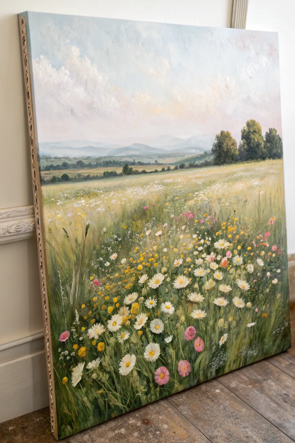 Simple impressionist wildflower field in oil, dabby strokes and a soft horizon for beginners