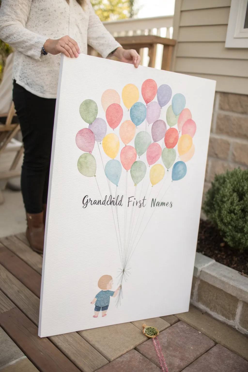 Paint a balloon bouquet where each string becomes a grandkid name, a sweet keepsake for Grandma.