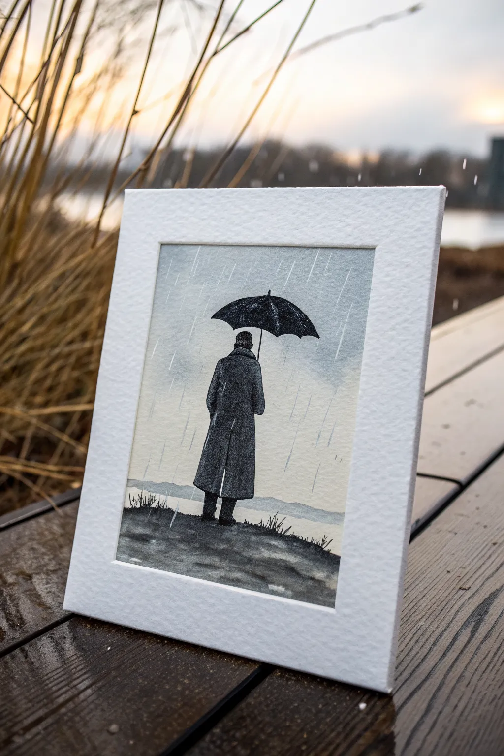 Minimal umbrella figure from behind, soft gradient sky and rain lines for easy painting practice.