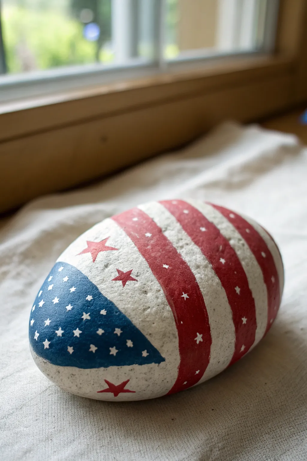 Diagonal stripe wrap rock: simple red, white, and blue design perfect for easy patriotic painting.