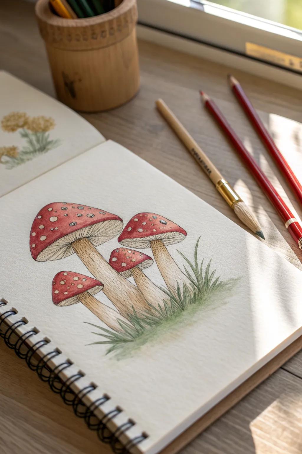 Cozy mushroom patch mini scene in soft colored pencil shading, perfect for easy sketch practice