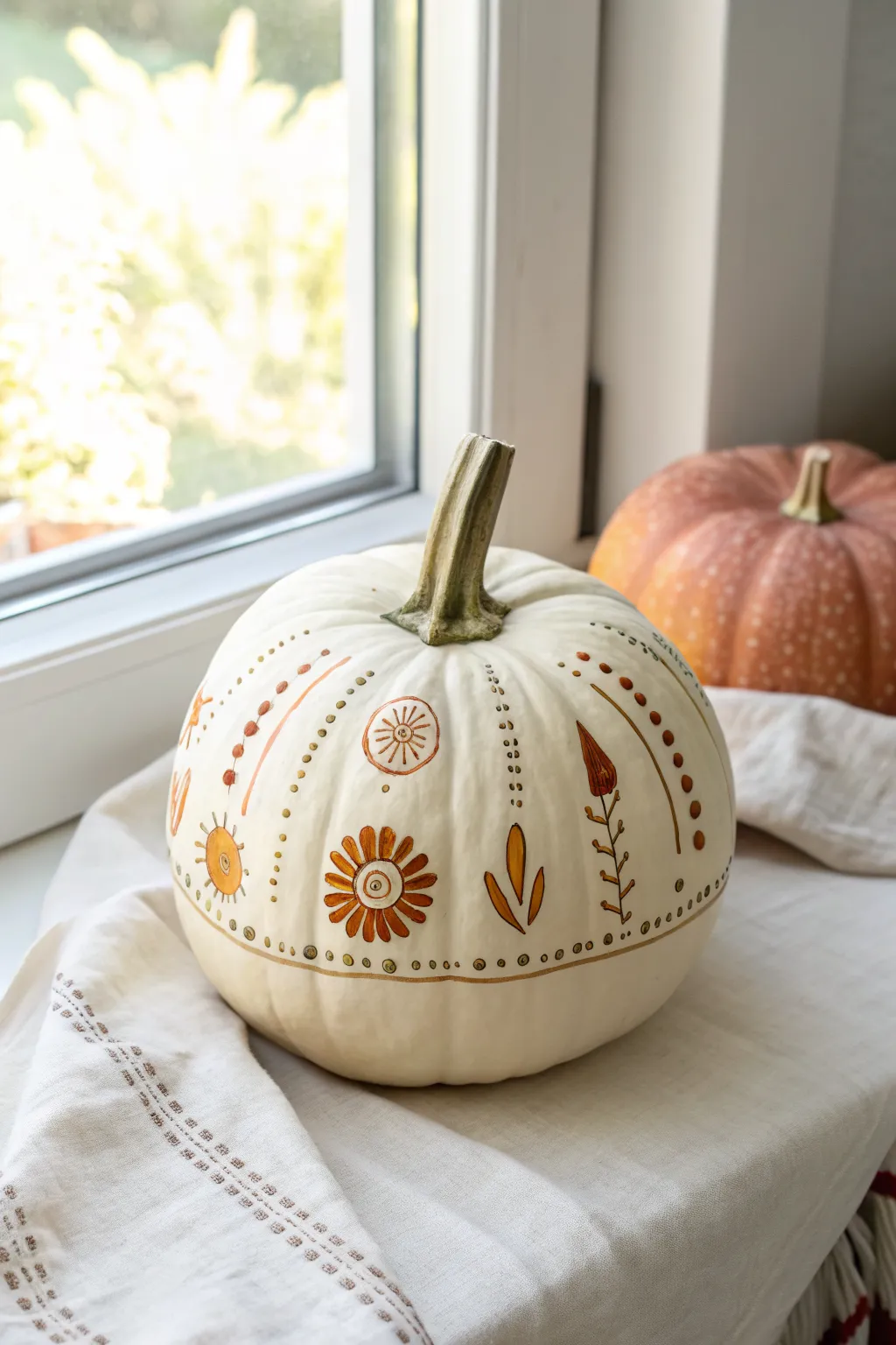 Minimal boho pumpkin with sunburst motifs and dotted arches in warm marker tones, clean and crisp