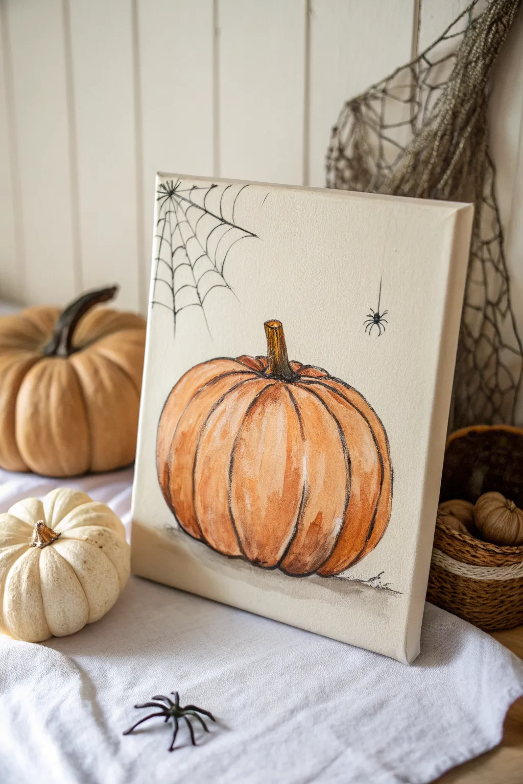 Simple pumpkin canvas with a delicate corner spiderweb and tiny hanging spider for fall vibes