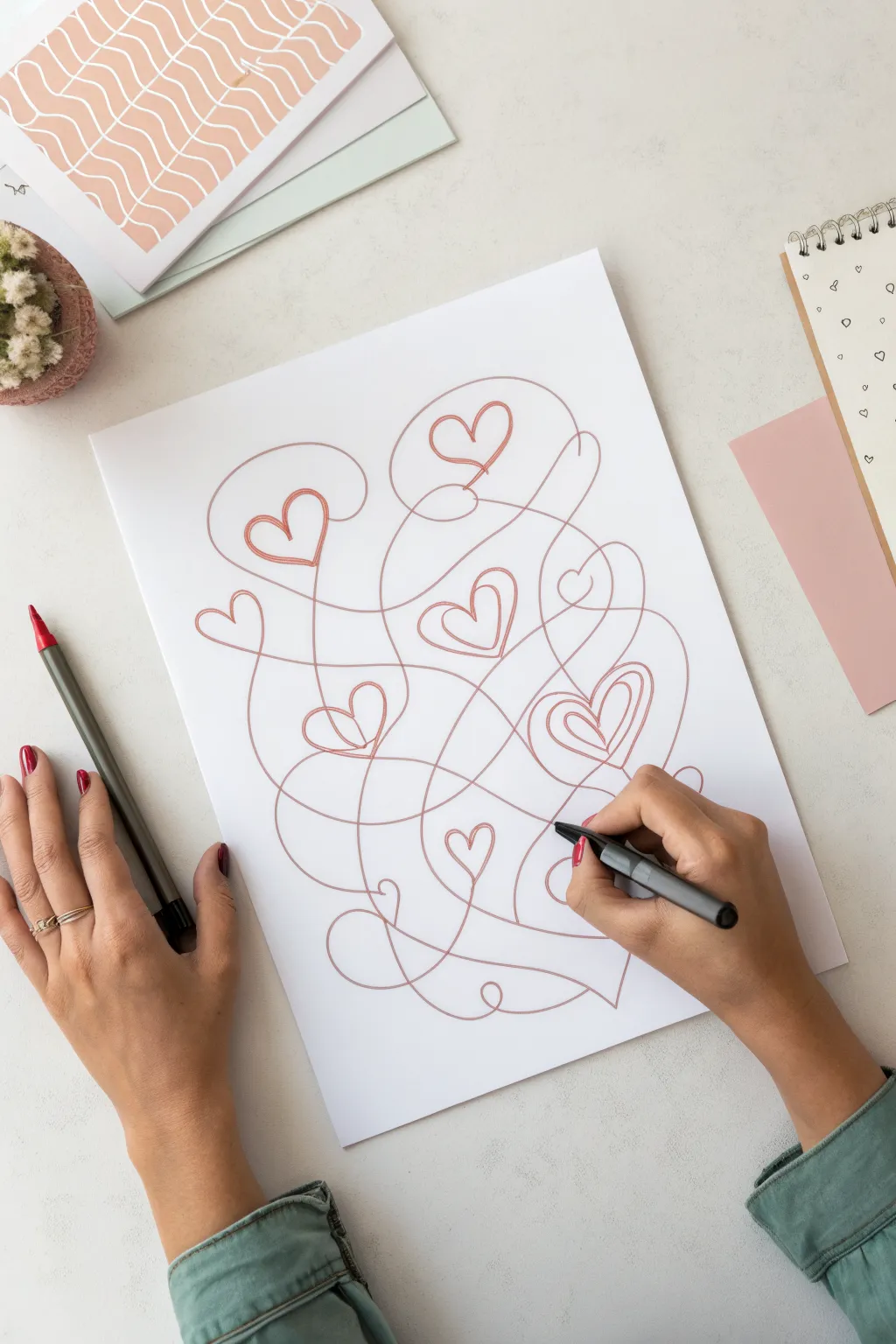 Find the hidden hearts: bold pops of color inside a calm scribble maze for easy doodle art.