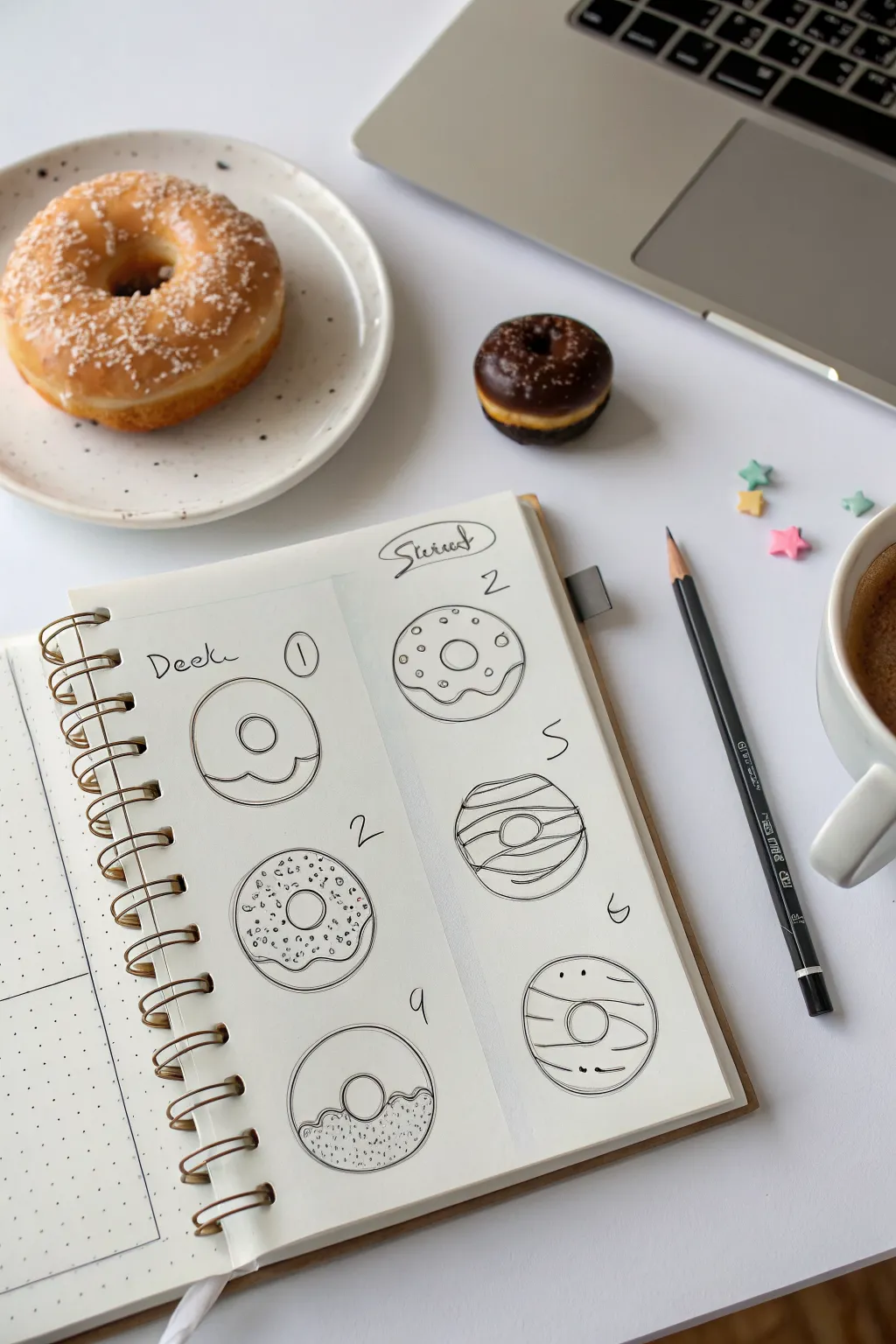 Draw a cute iced donut in 6 simple steps using two ovals, sprinkles, and soft shading