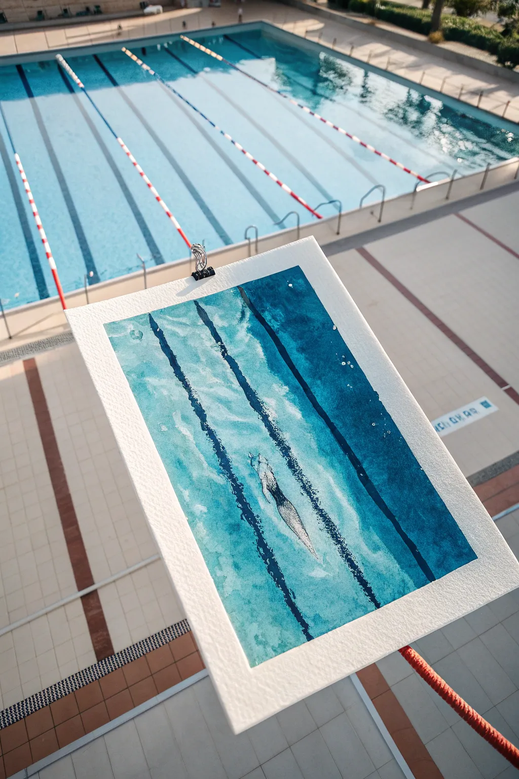 Watercolor pool lanes with a tiny swimmer silhouette for an easy, calming sports painting idea.