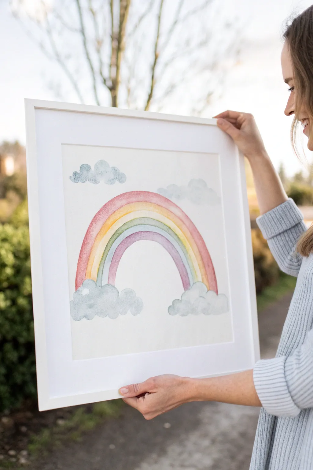 A soft rainbow after rain with dreamy cloud blending, simple spring watercolor calm.