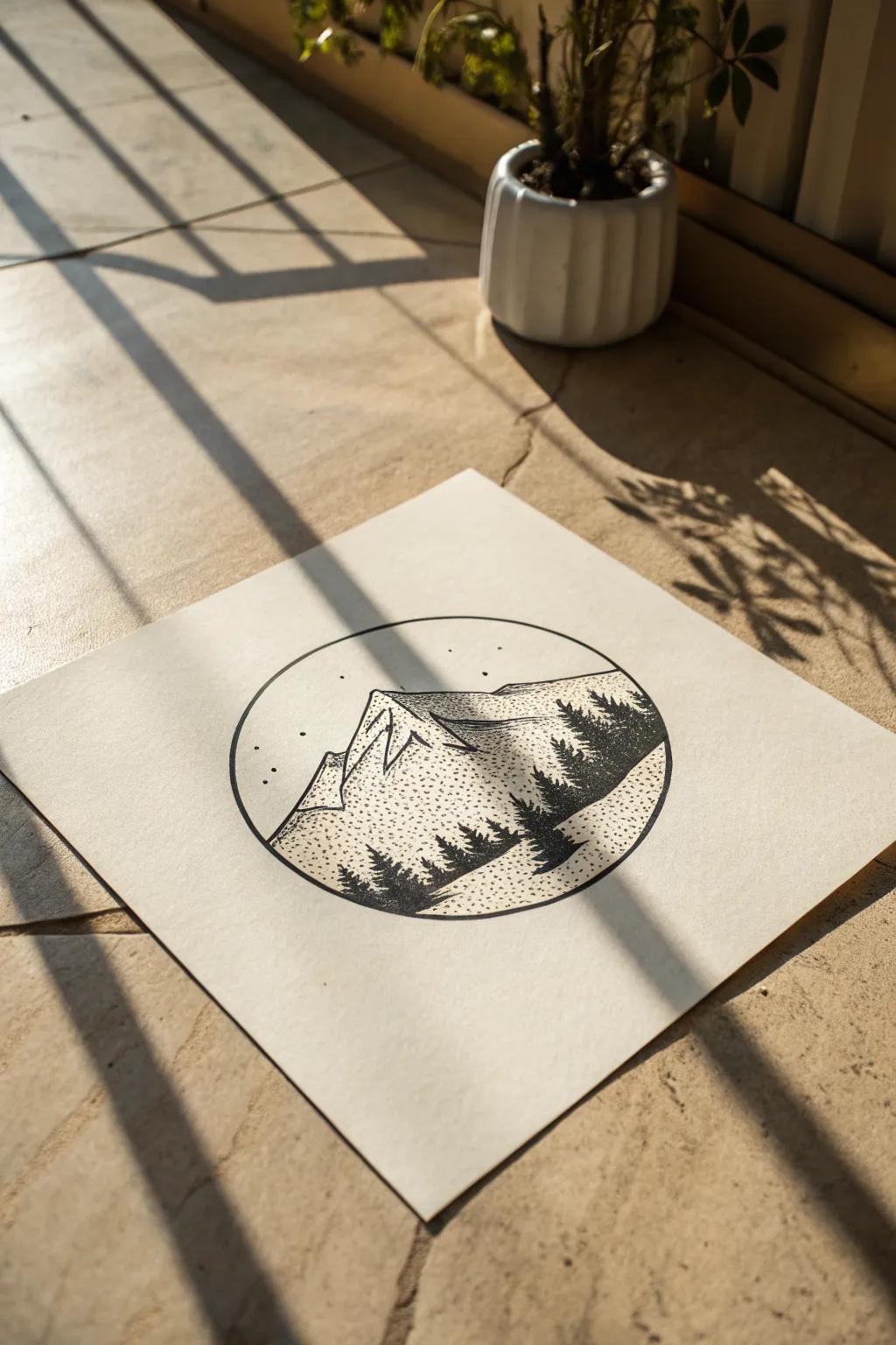Circle-frame mini mountain stippling idea with soft haze, clean contrast, and calm minimalist style