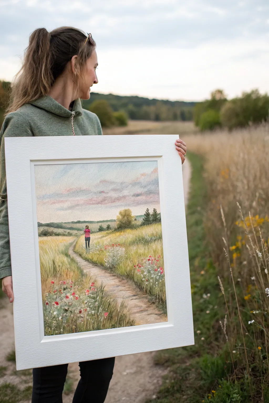 Minimal wildflower meadow under a big blue sky, an easy summer painting idea with dot flowers.