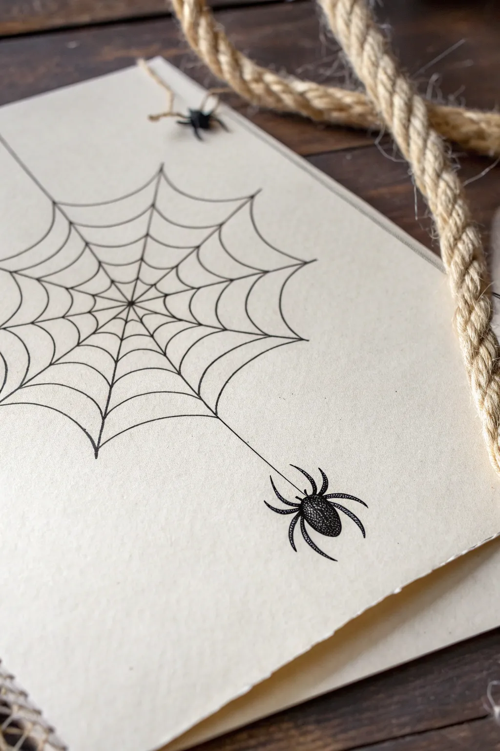 Minimal spider web corner tattoo idea with a hanging silhouette, clean lines and bold contrast.