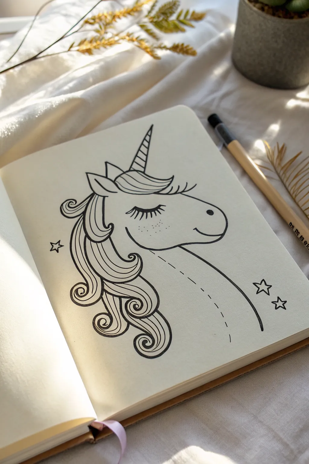 Kid-simple unicorn head with a swirly horn and clean lines for easy drawing practice
