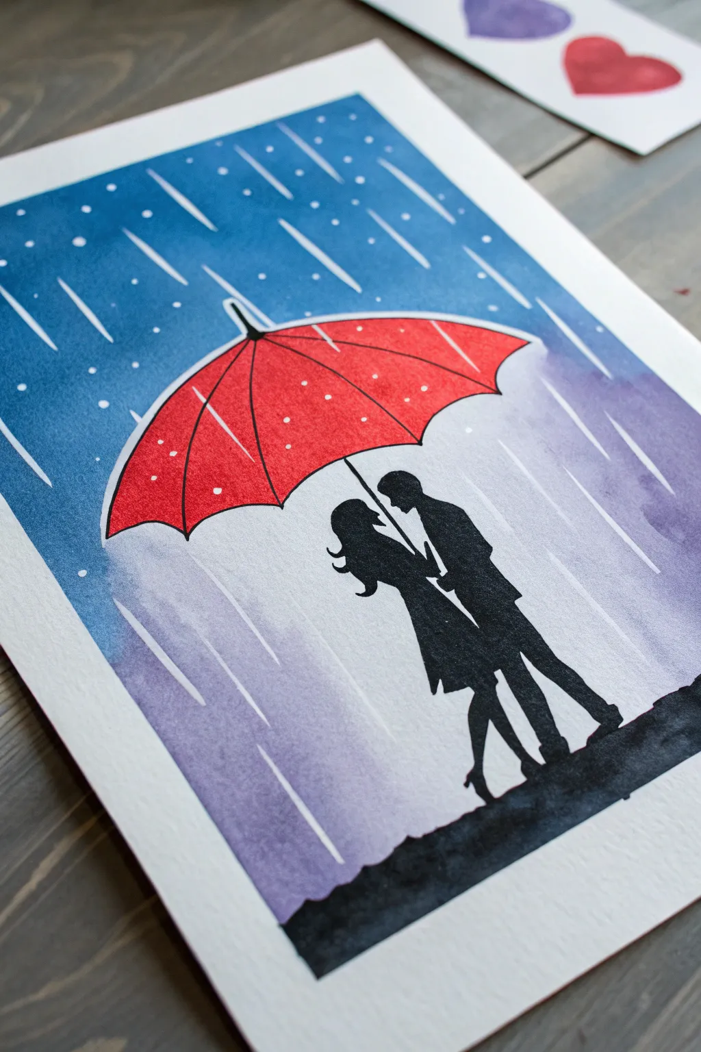 Rainy night romance: bold red heart umbrella over soft silhouettes in moody blue-purple rain.