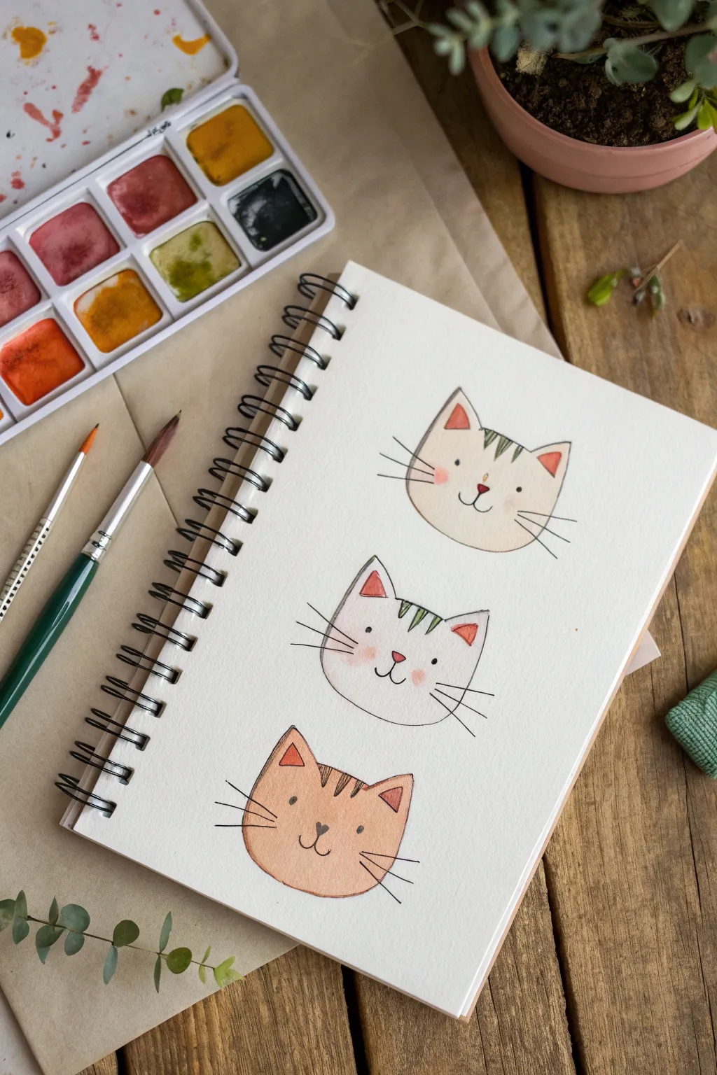 Four loose watercolor cat faces in a simple row, a calm low-stakes practice idea for beginners