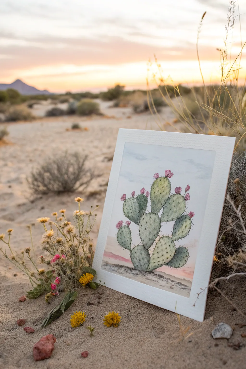 Minimal prickly pear cactus painting with bright desert blooms and a warm western sky