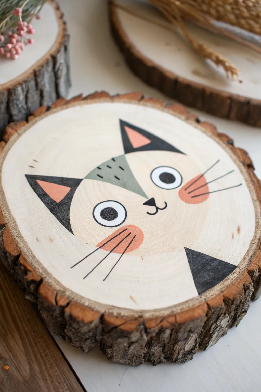Cute cat portrait on a natural wood slice, an easy minimalist wood painting idea for beginners.