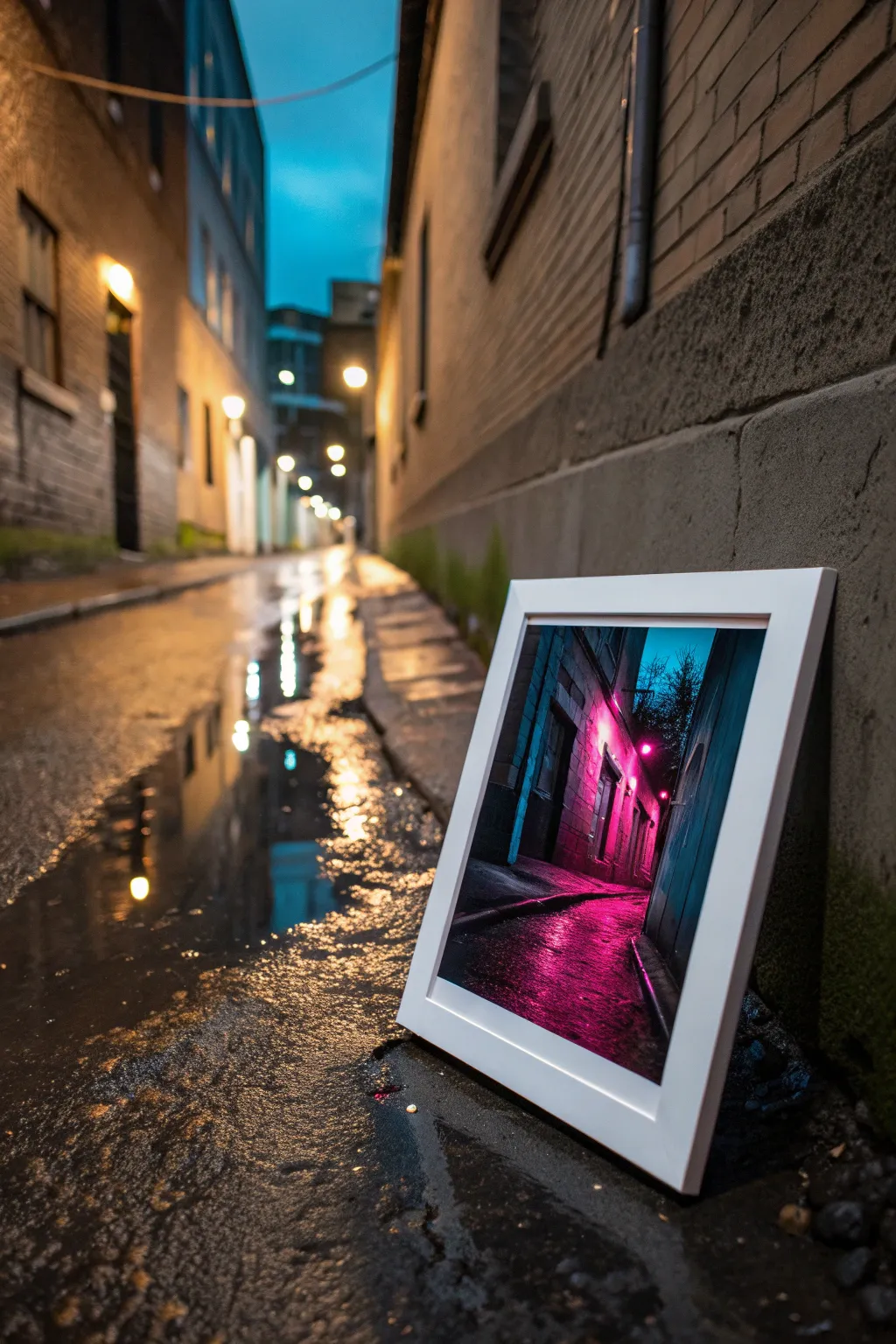 Paint an acid-lit night alley in cyan-magenta with inky shadows and wet reflections.
