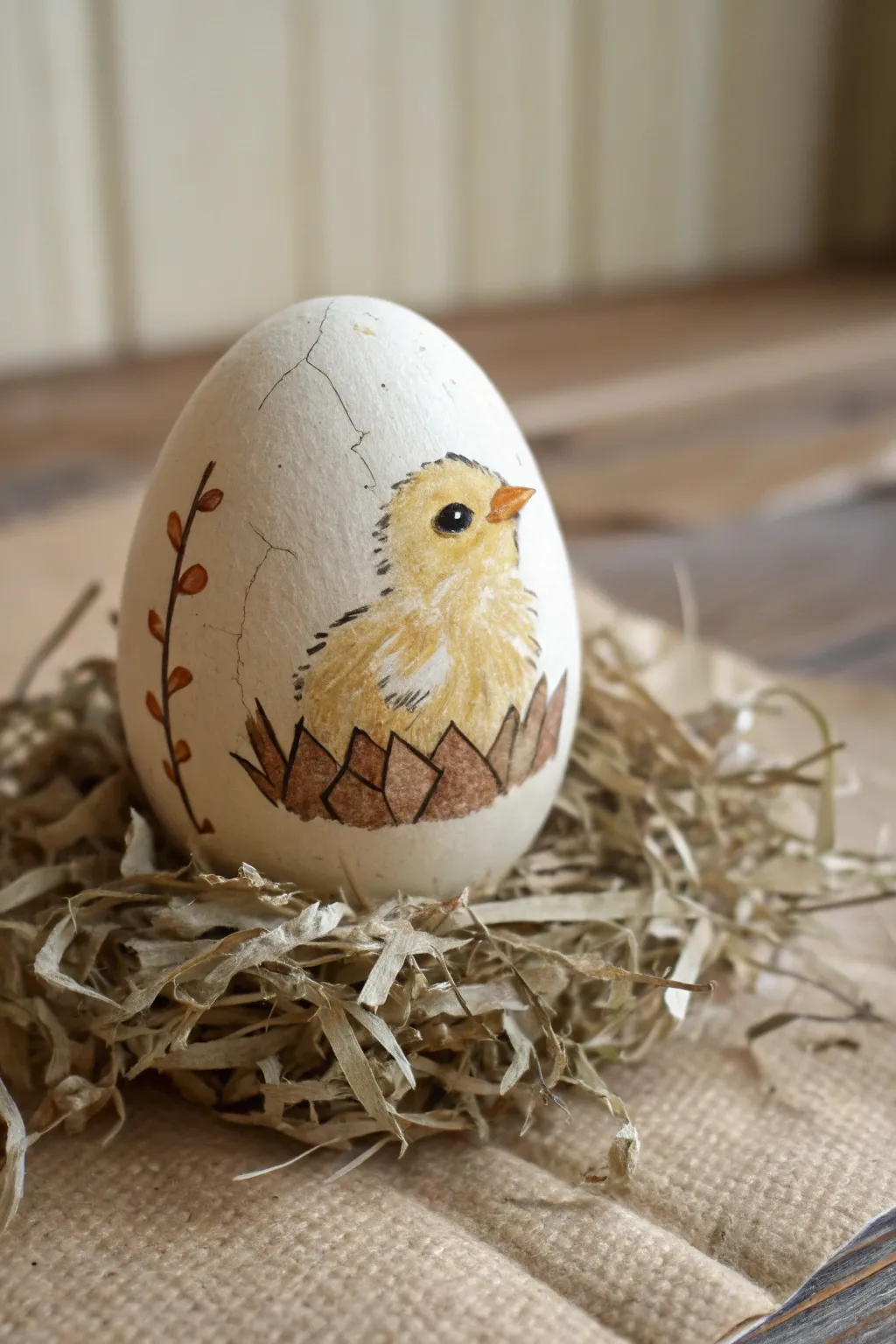 A minimalist eggshell with a painted crack-line hatch and tiny chick, styled on soft grass