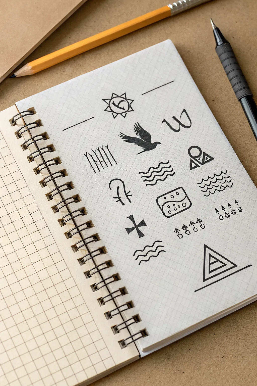 Mini hieroglyph alphabet sheet: simple symbols in a clean grid for easy Egyptian sketch practice.