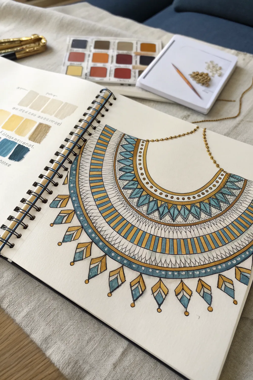 Usekh collar pattern sampler with gold and lapis swatches, minimal and craft-focused