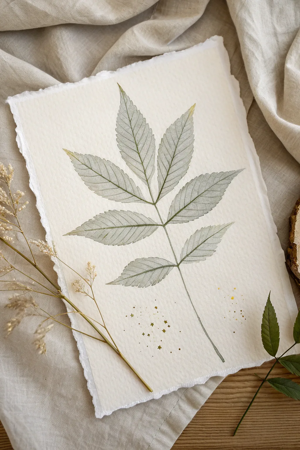 Botanical x-ray leaf painting with translucent layers and subtle metallic veins, clean and luminous