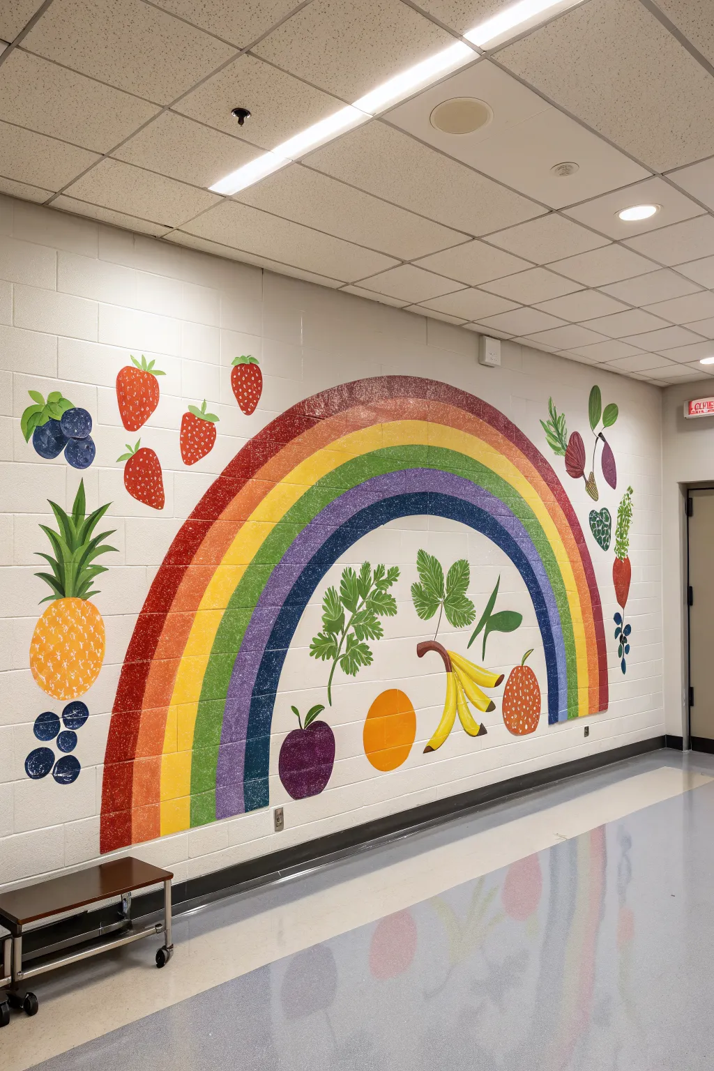 Rainbow fruit mural for a cafeteria wall that makes healthy habits feel simple and fun.