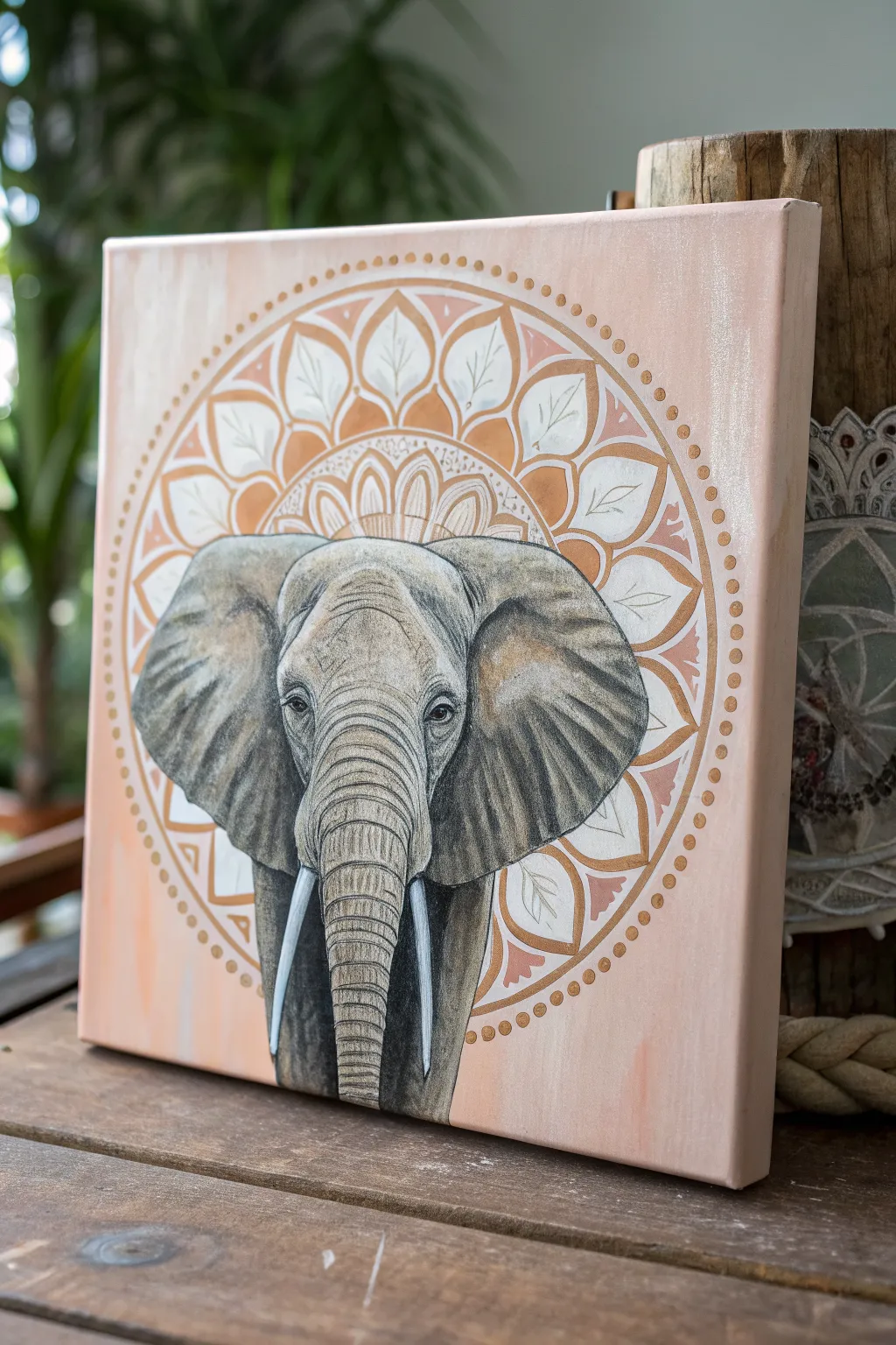 Minimalist elephant with mandala halo in earthy acrylic layers, calm Scandinavian boho.