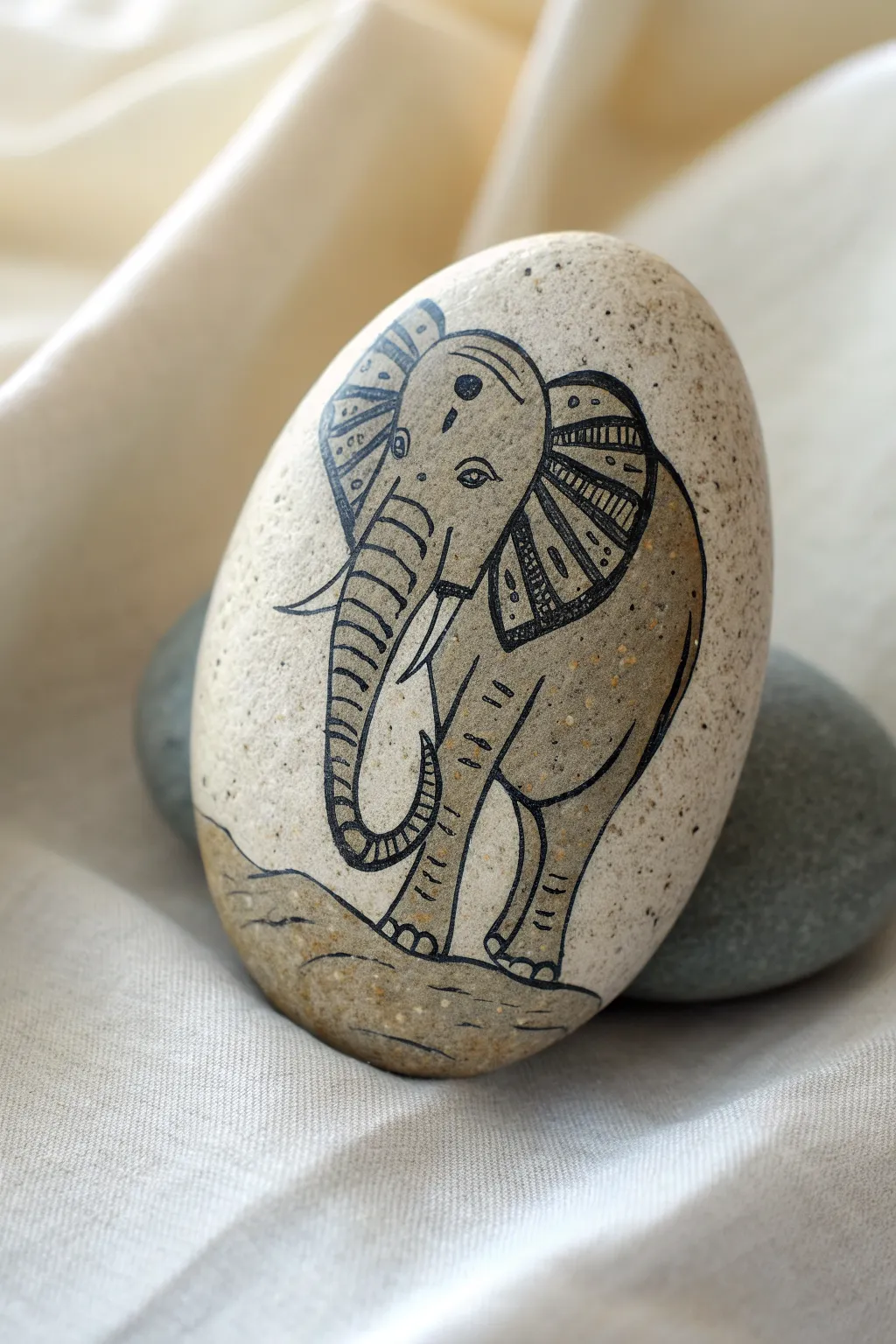 Elephant painted on bare stone, letting natural texture become the skin, calm minimalist vibe.