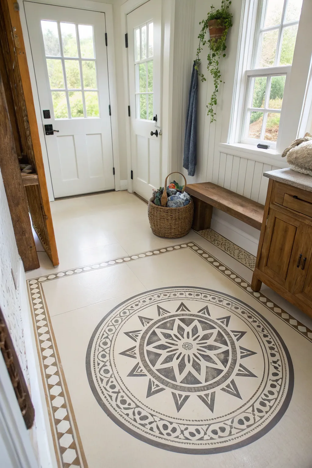 Minimalist epoxy floor with a crisp stenciled medallion, sealed under a glossy clear coat